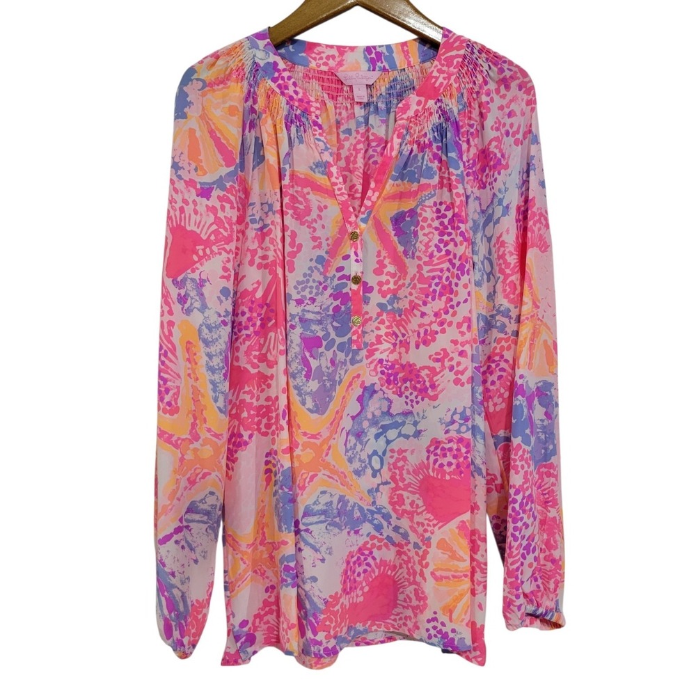 Lilly Pulitzer Elsa Silk Top Womens Large Paradise Pink Bohemian Beach Preppy
